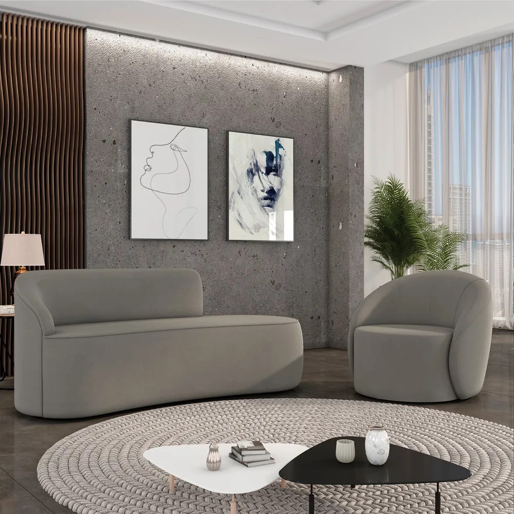 Sofá 2 Lugares Orgânico 140cm Morgan e Poltrona Lua Suede Grafite D03 - D'Rossi