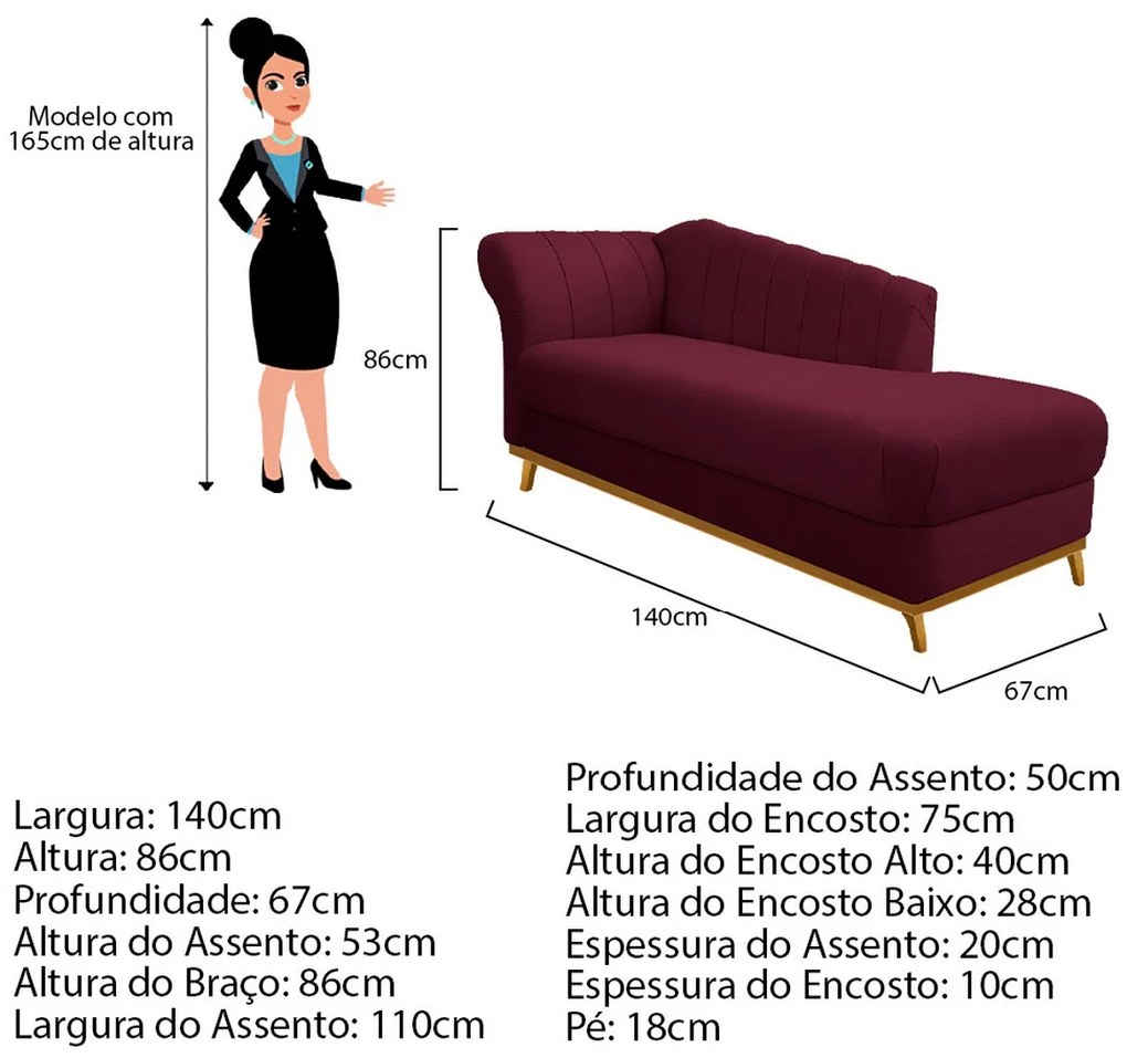 Recamier Vanessa 140cm Lado Esquerdo Suede Bordô - ADJ Decor