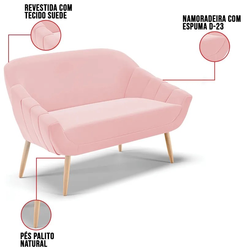 Namoradeira 02 Lugares Giovana Suede Pés Palito Natural D03 - D'Rossi - Rosa Bebê