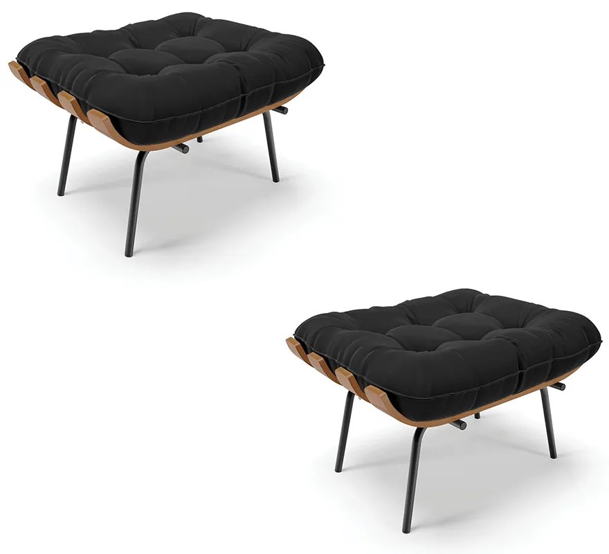 Kit 02 Puffs Costela Suede Base Metálica Preto - D'Rossi - Preto