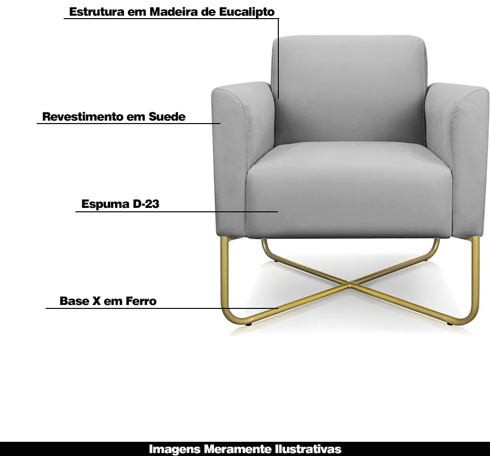 Kit 2 Poltronas Decorativas Isabella Base X Suede Cinza/Dourado G19 - Gran Belo