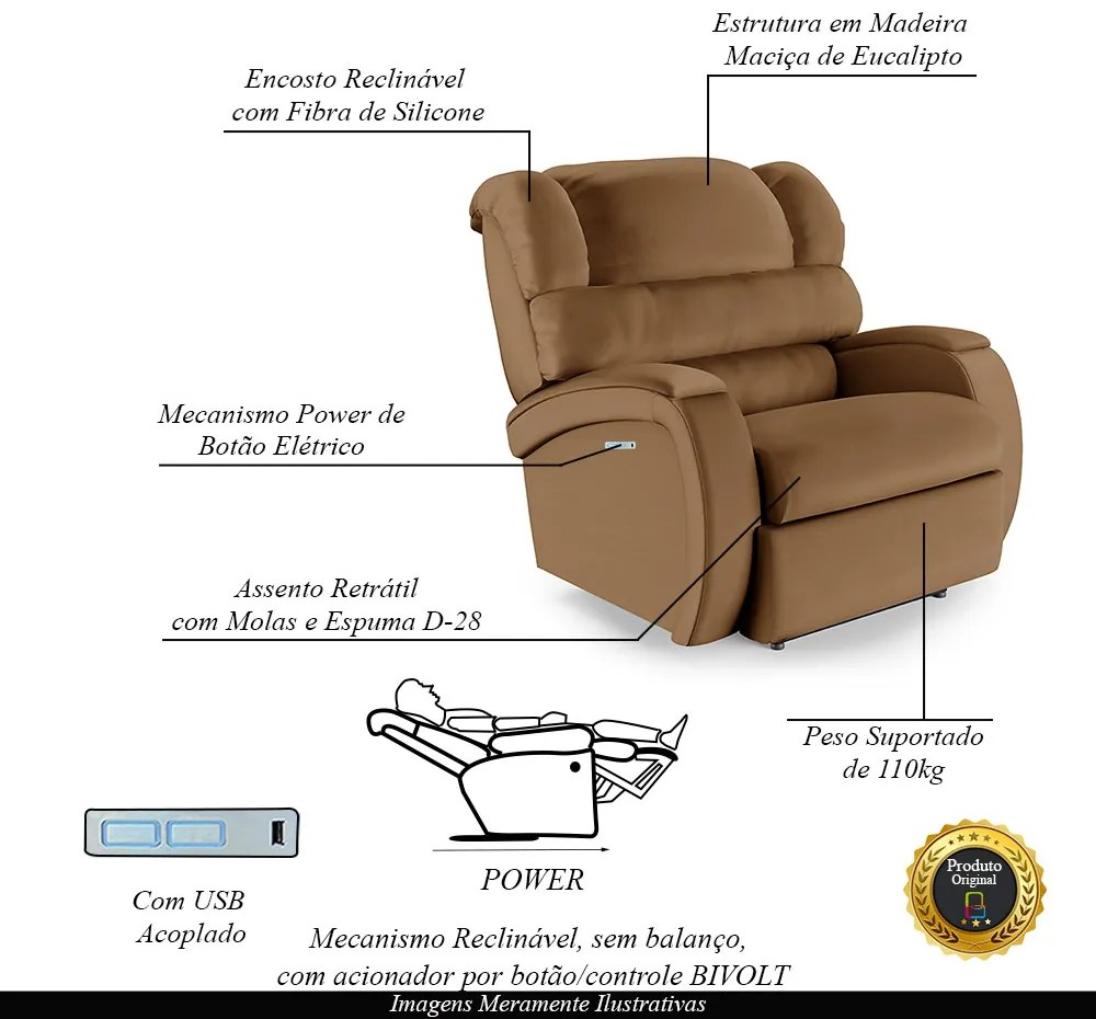 Poltrona do Papai Sala de Cinema Reclinável Kylie Elétrica Botão com Led USB PU Caramelo G23