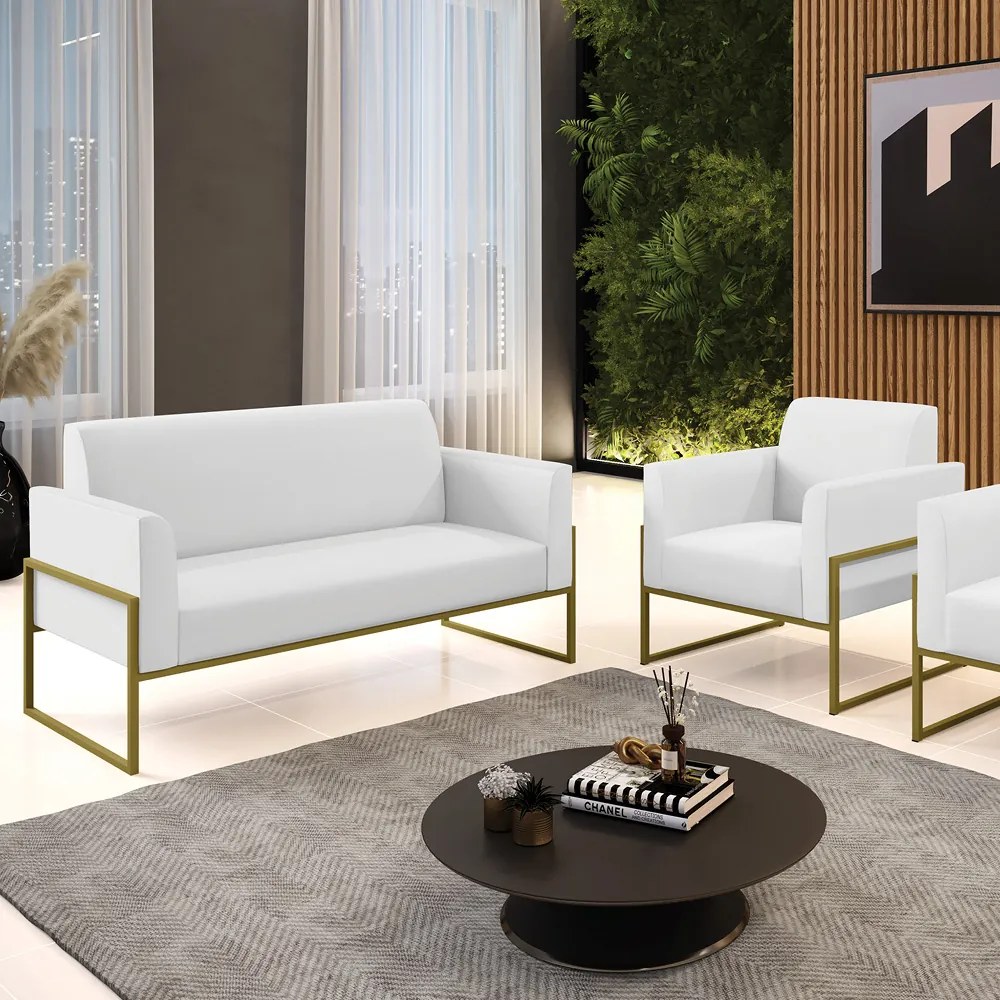 Sofá Namoradeira com Poltrona Base Industrial Alta Dourado Marisa Corino D03 - D'Rossi - Branco