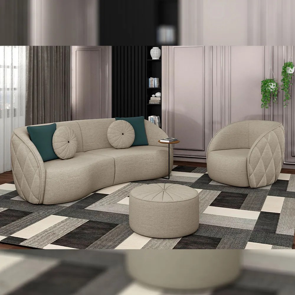 Conjunto Decorativo Sofá 288cm e Poltrona Clarke com Puff Round Linho Bege G45 - Gran Belo