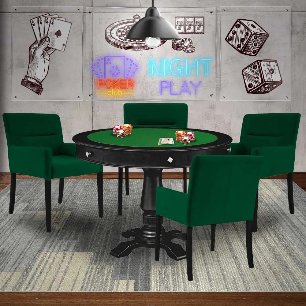 Mesa de Jogos Carteado Victoria Redonda Tampo Reversível Preto com Kit 4 Cadeiras Vicenza Verde G36 G15 - Gran Belo