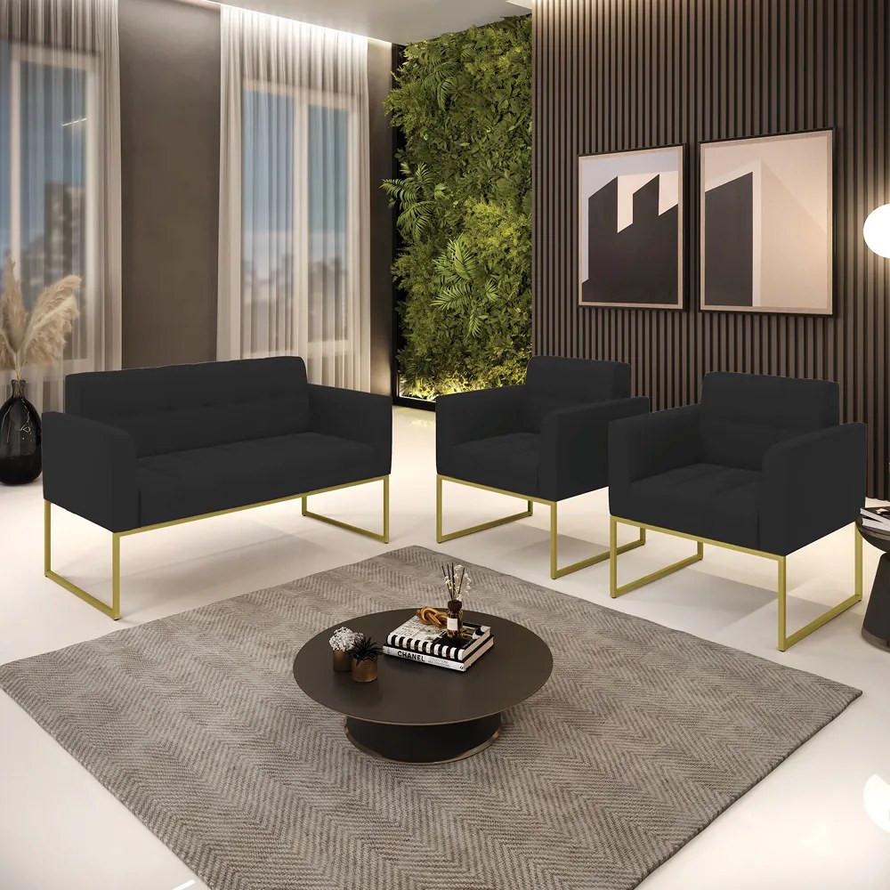 Kit 1 Sofá Namoradeira e 2 Poltronas Elisa Veludo Base Metálica Industrial Dourado - D'Rossi - Preto