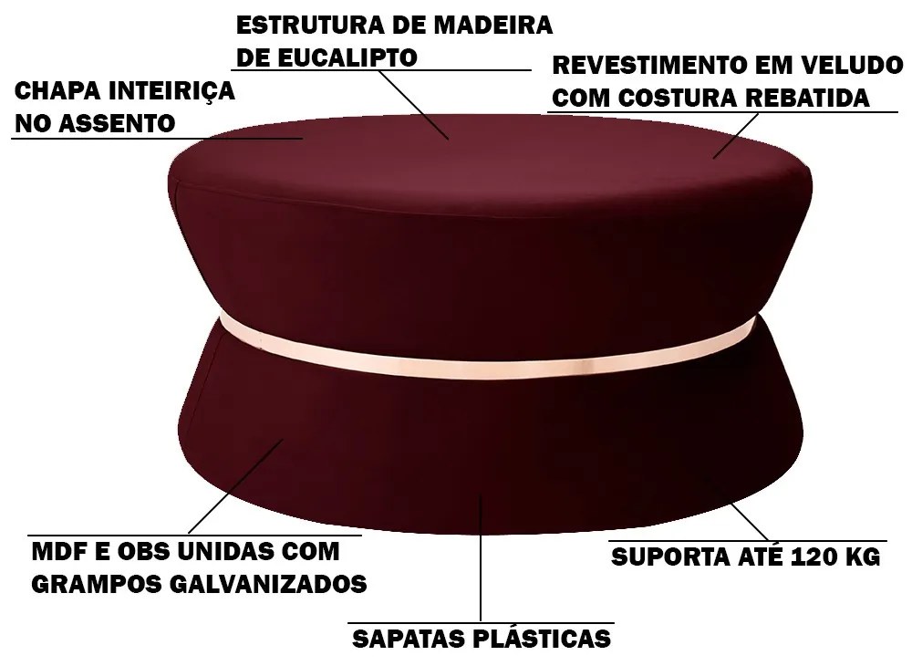Kit 02 Puffs Decorativo Sala de Estar 95cm Dhaka Veludo Vinho G15 - Gran Belo