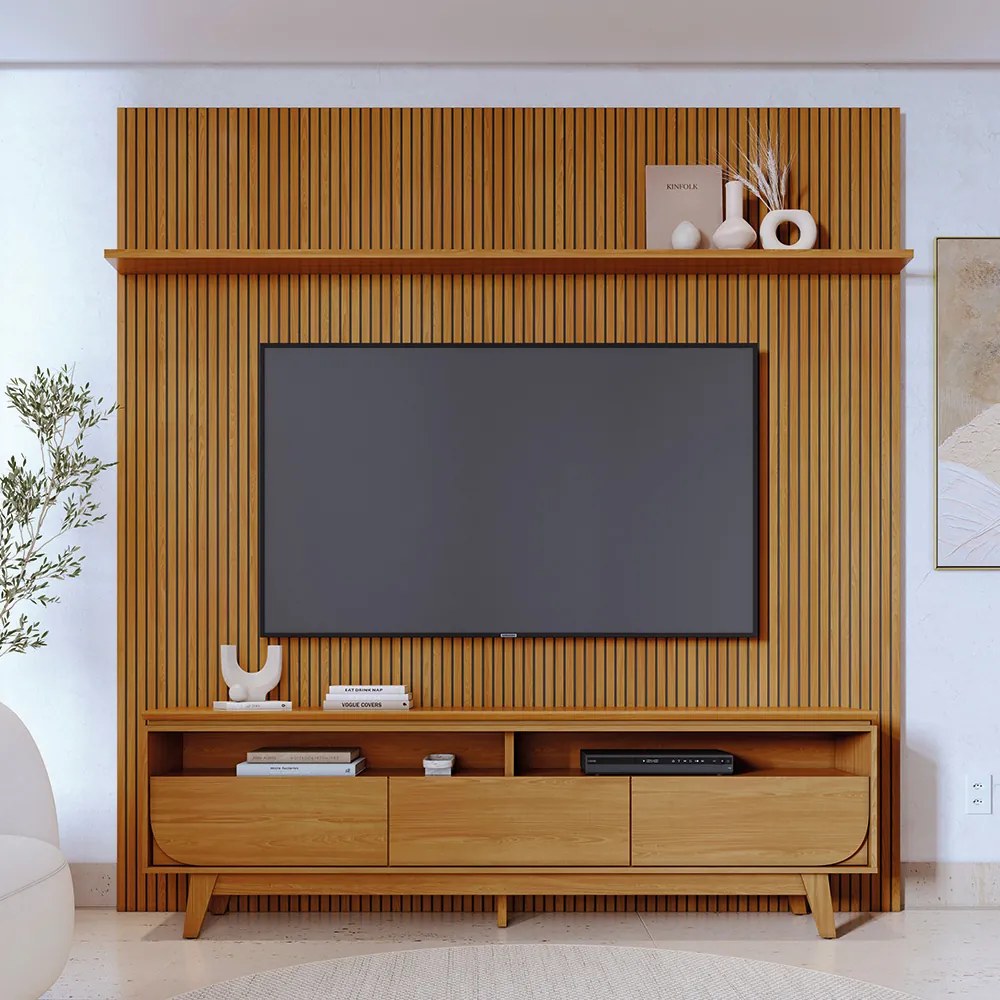 Painel TV 75 Pol 238cm Ripado Kalven e Bancada Elarin M20 - D'Rossi - Cumaru(fosco)