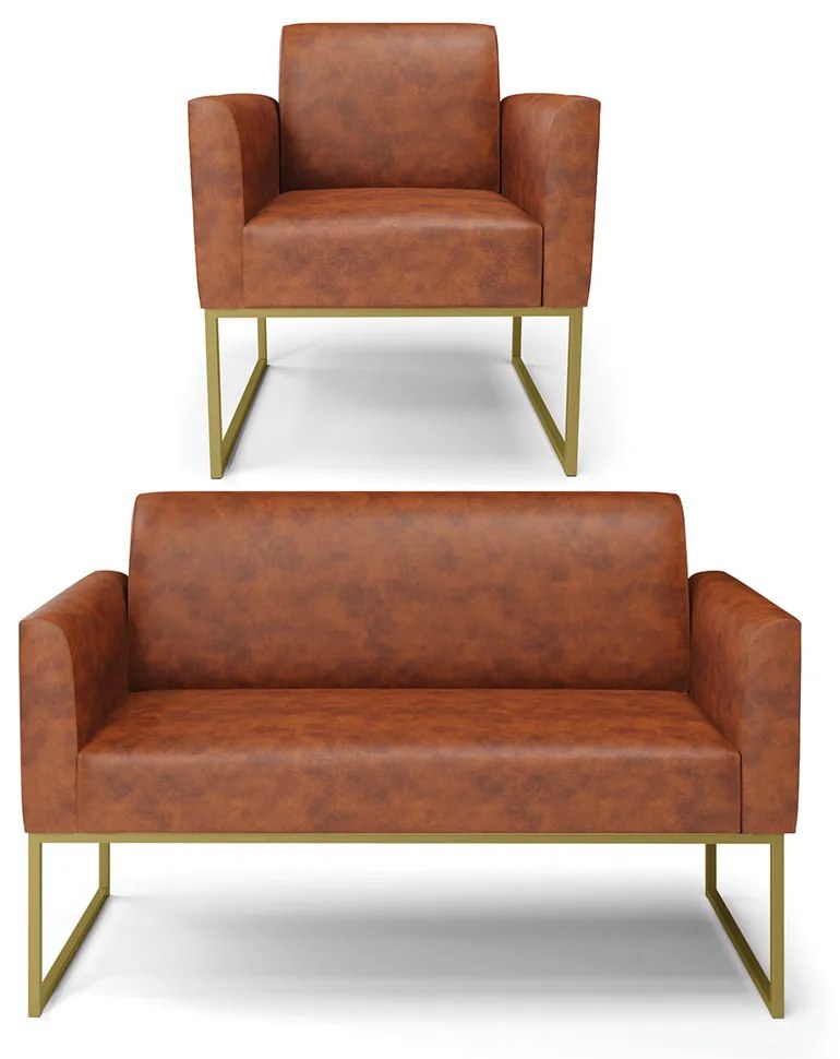 Sofá Namoradeira com Poltrona Base Industrial Dourado Marisa Corano D03 - D'Rossi - Nozes