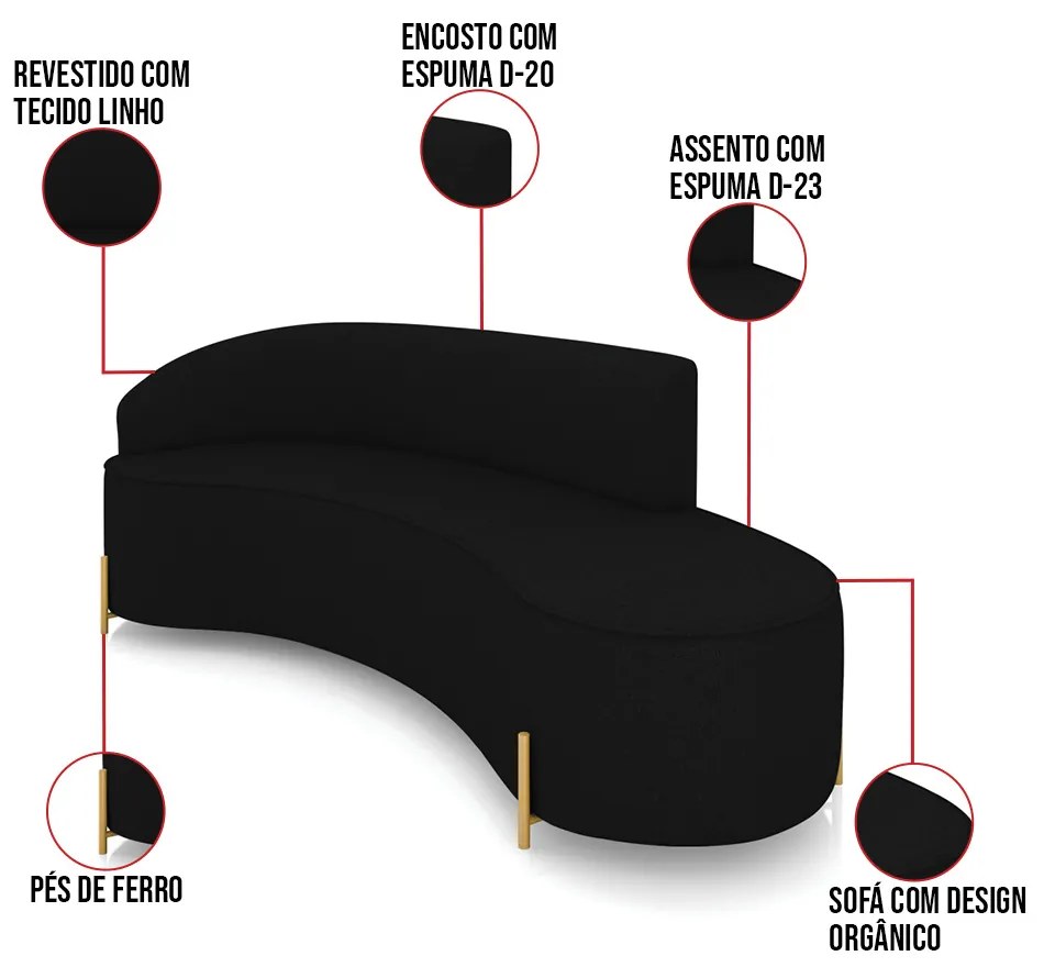 Sofá 4 Lugares Orgânico 220cm Pé Dourado Morgan Linho D03 - D'Rossi - Preto
