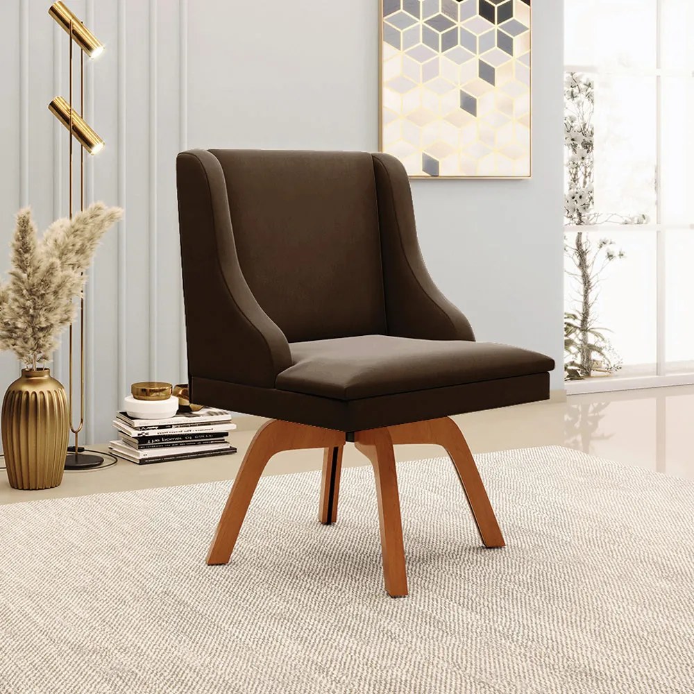 Kit 2 Poltronas Decorativas Base Giratória de Madeira Firenze Suede Marrom/Natural G19 - Gran Belo