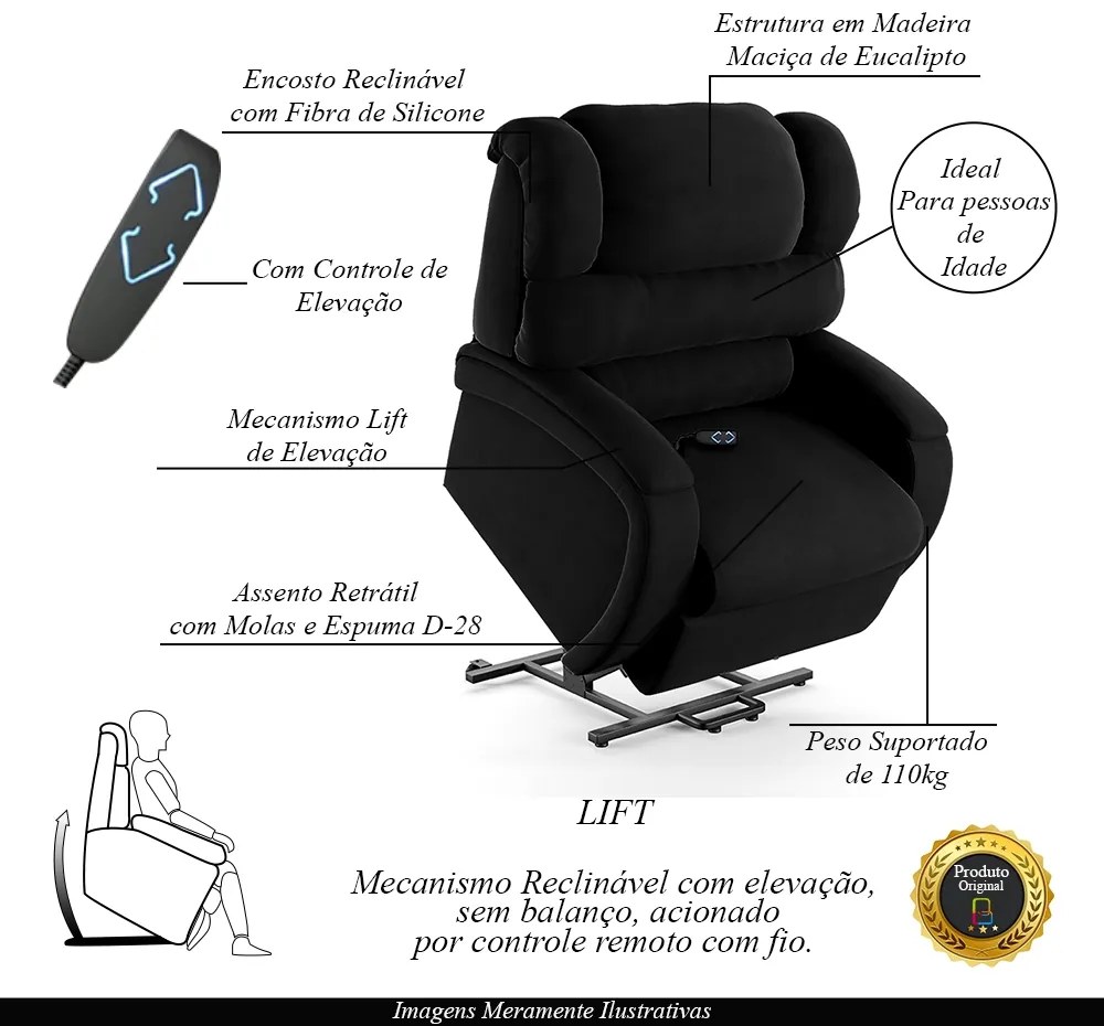 Poltrona do Papai Sala de Cinema Reclinável Kylie Elevação Lift Elétrico Veludo Preto G23