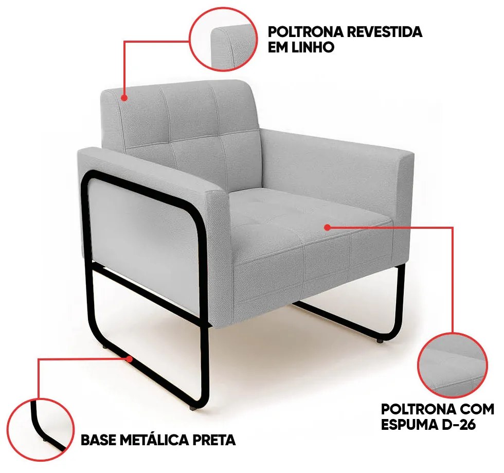 Poltrona Sala Industrial Alta Tubo Preto Elisa Linho D03 - D'Rossi - Cinza