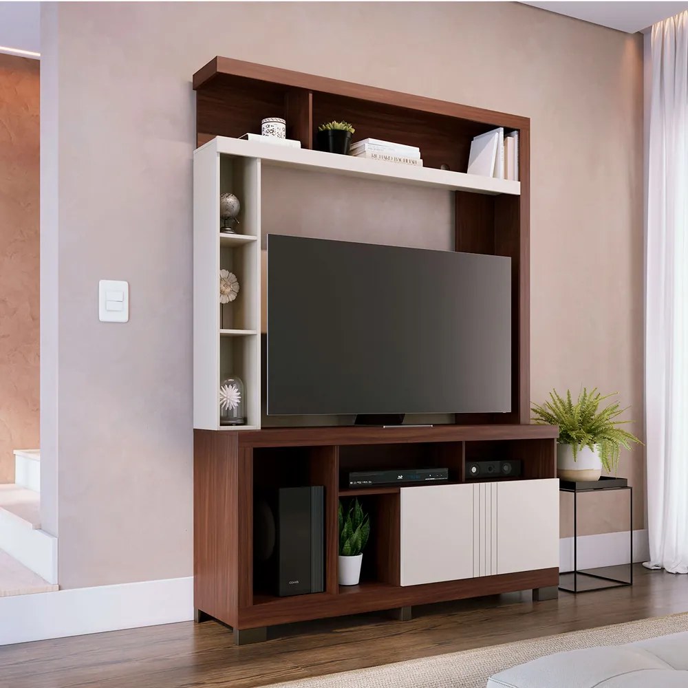 Home Estante para TV até 50 2 Portas MDP/MDF 190cm Nichos Laterais Brogy Nogueira/Off White G73 - Gran Belo