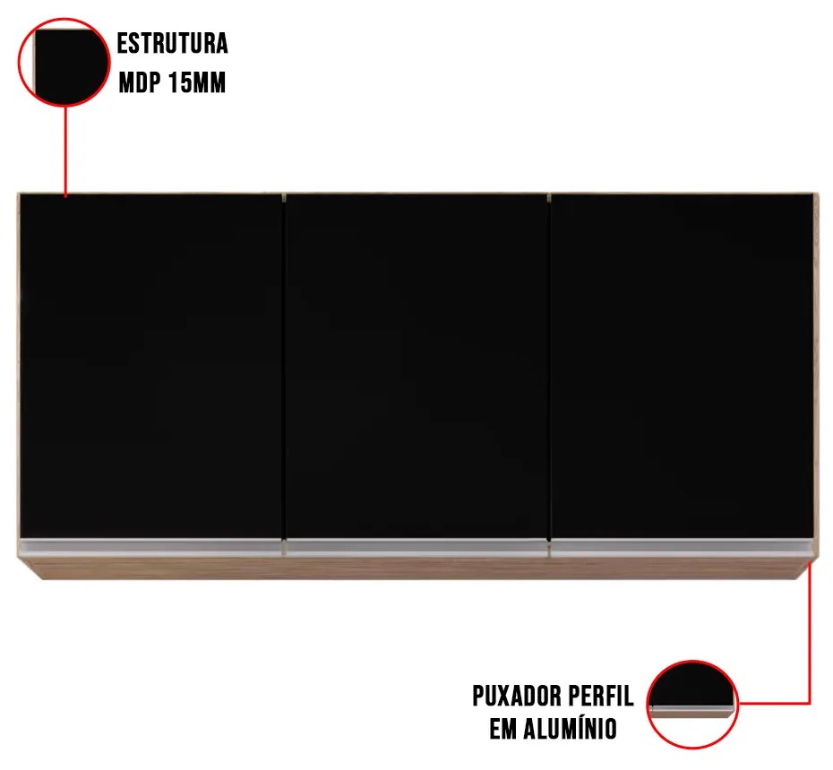 Kit 2 Armários Aéreo de Cozinha Lavanderia 03 Portas Tina 120 cm L06 - D'Rossi - Castanho e Preto