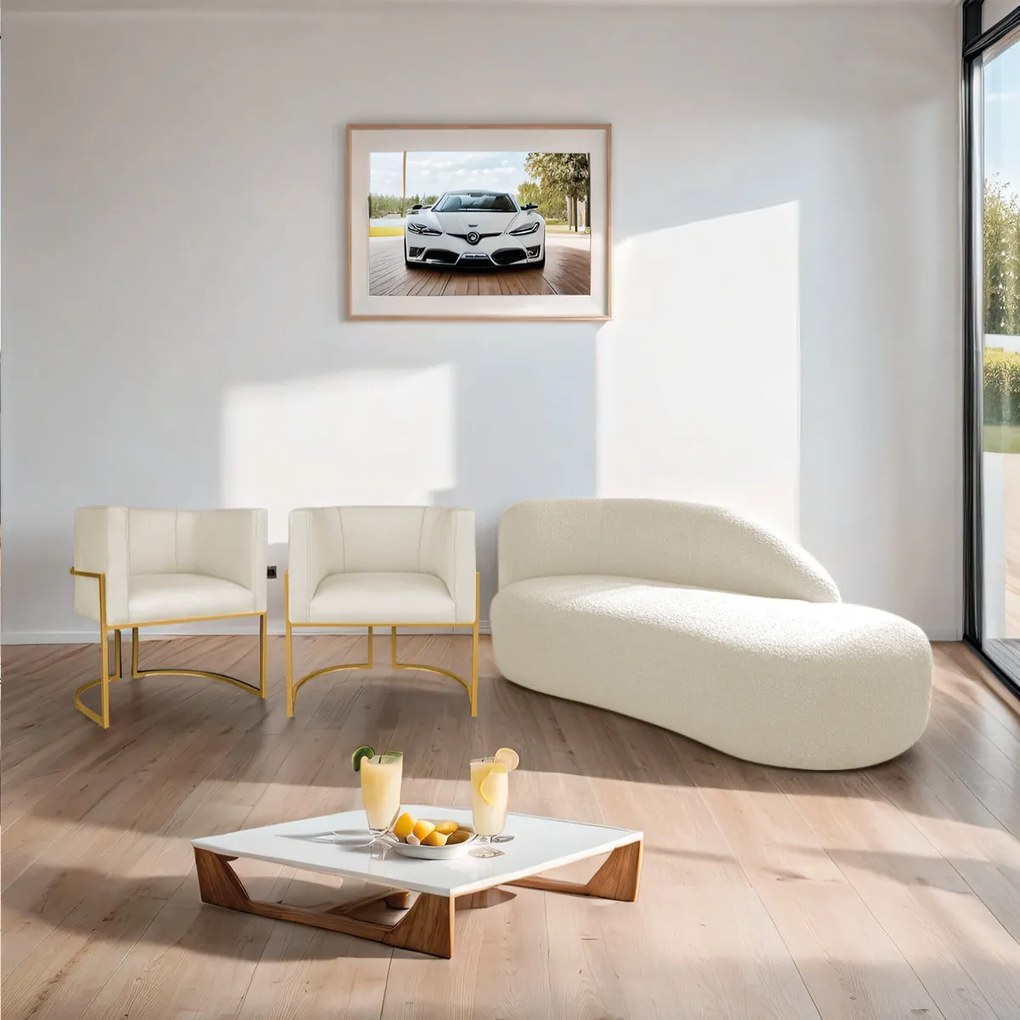 Kit Divã Luna 185cm Lado Direito e 02 Poltronas Base de Ferro Dourado Linho