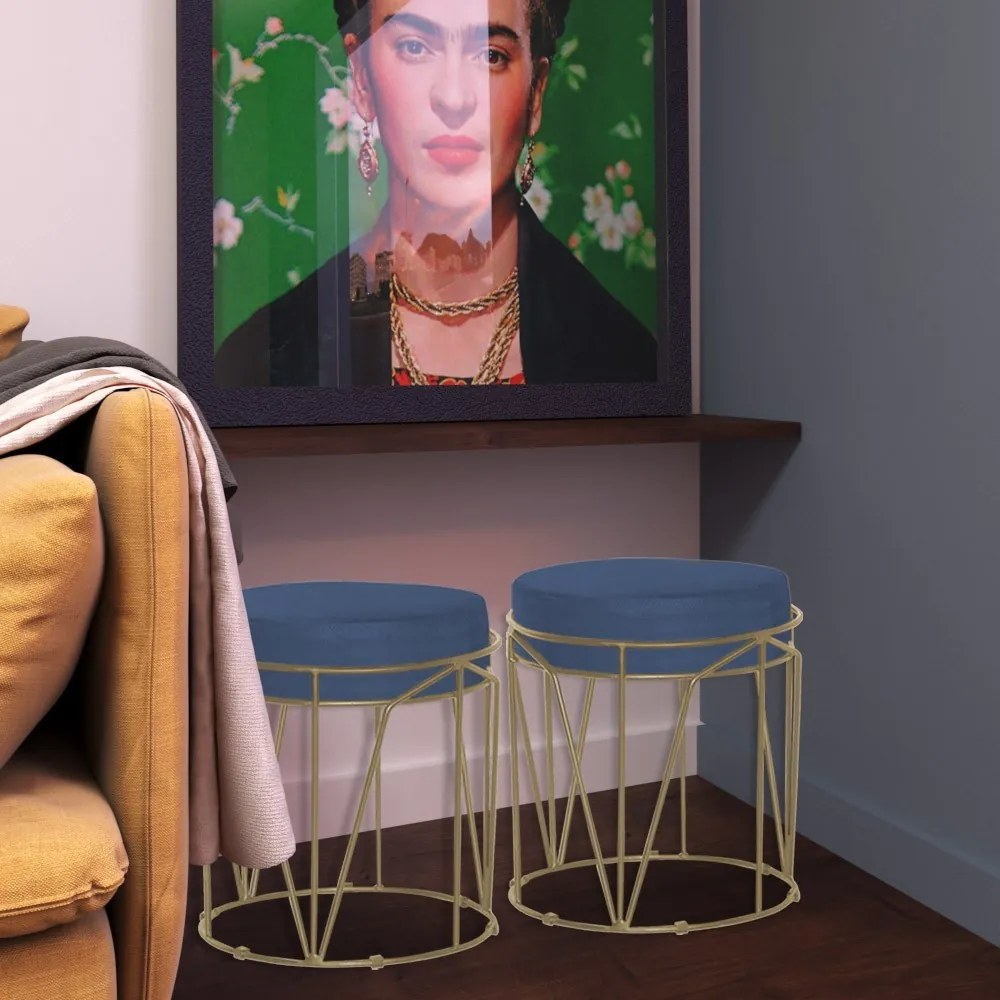 Puff Decorativo Sala de Estar Base Gold Chloe Suede Azul Marinho G41 - Gran Belo
