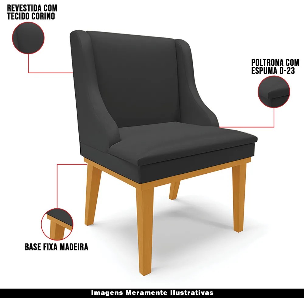 Kit 2 Poltronas Decorativas Base Fixa de Madeira Firenze PU Preto Fosco/Castanho G19 - Gran Belo