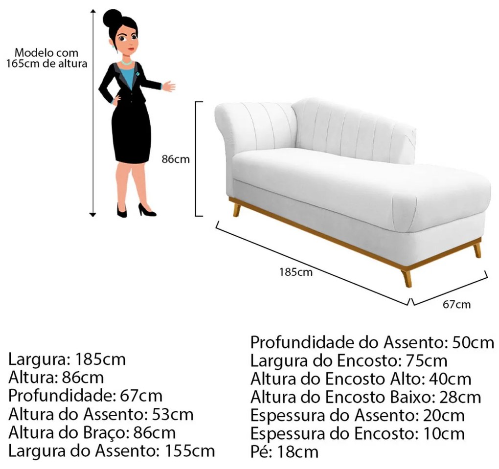 Recamier Vanessa 185cm Lado Direito Suede Branco - ADJ Decor
