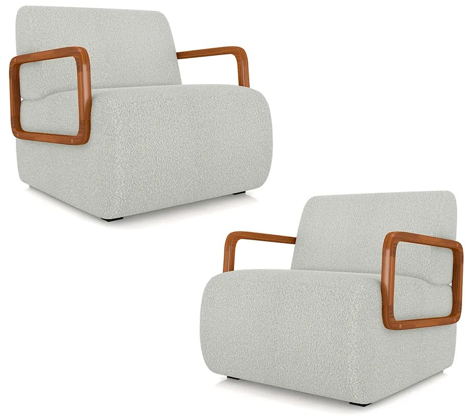 Kit 2 Poltronas Decorativa Sala de Estar Odessa Braços em Madeira Bouclê Cinza Claro G33 - Gran Belo