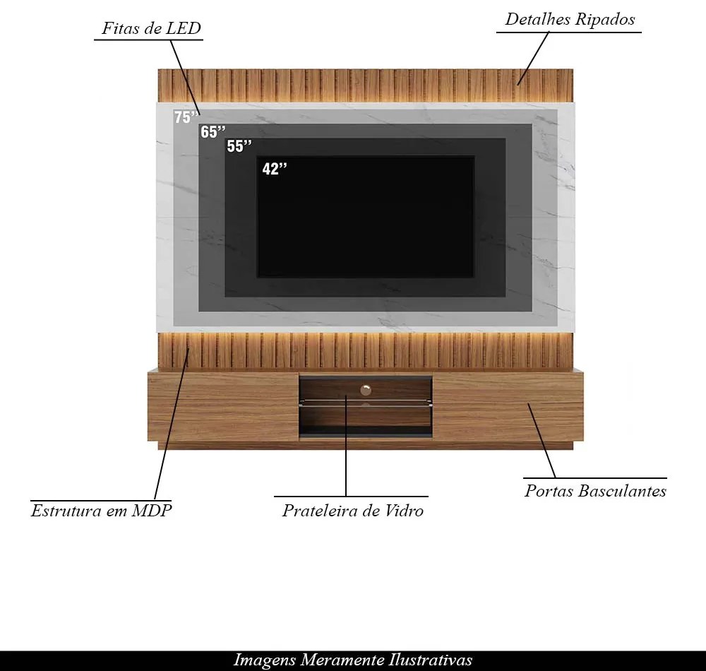 Home Painel Suspenso 180cm Ripado Lazio Led Noce/Calacata G73 - Gran Belo