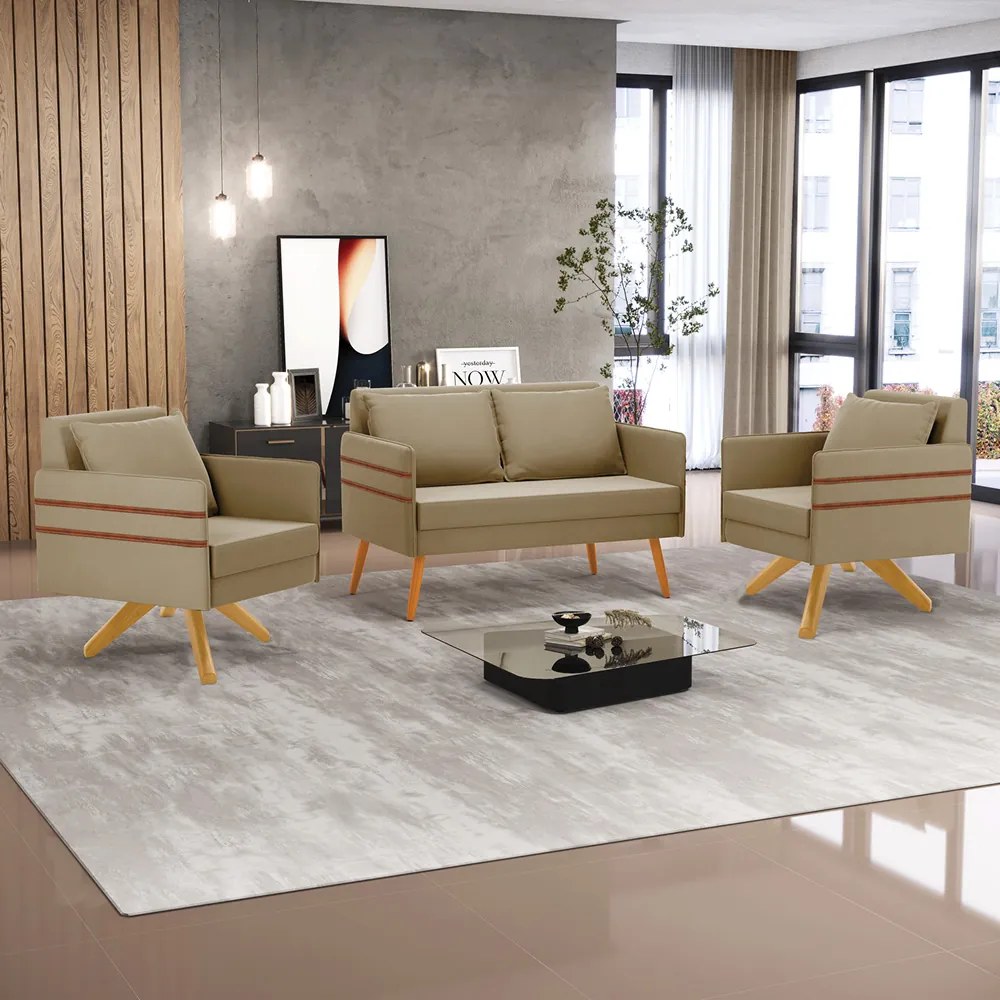Kit 01 Namoradeira 02 Lugares e 02 Poltronas Mari Suede Base de Madeira MA30 - D'Rossi - Marrom Rato
