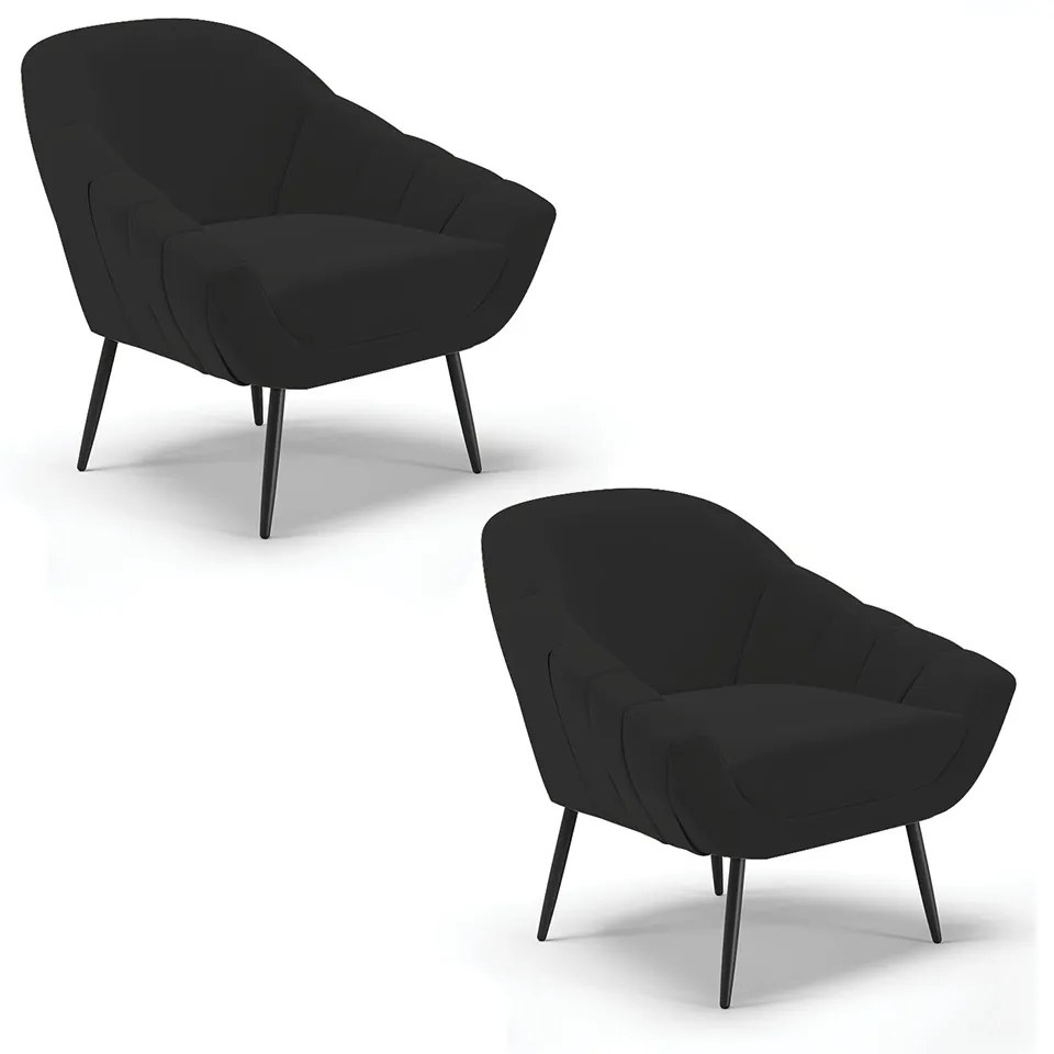 Kit 02 Poltronas Giovana Veludo Pés Palito de Ferro D03 - D'Rossi - Preto