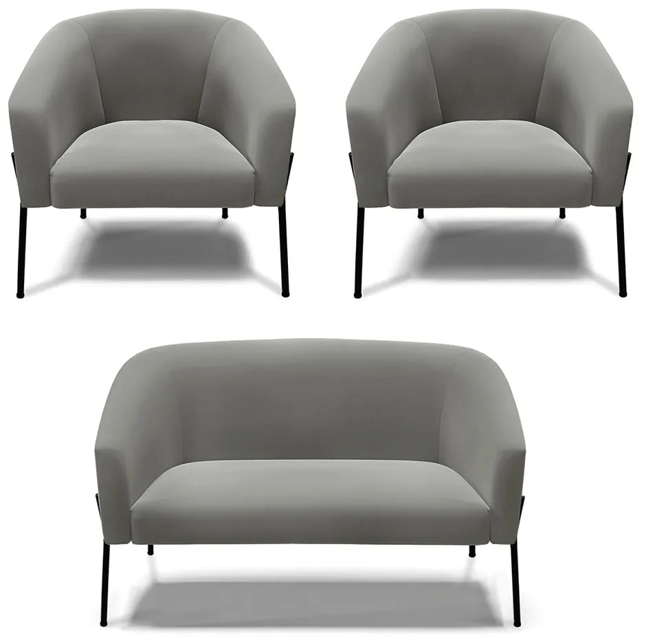 Namoradeira e 2 Poltronas Pé de Ferro Preto Stella Suede D03 - D'Rossi  - Grafite