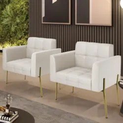 Poltrona Sala Pé Metal Dourado Kit 2 Ana Sintético Bege - Ibiza