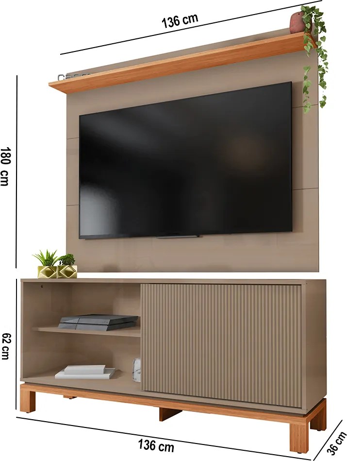 Painel TV 45 Pol 136cm com Rack Bancada para Sala Visari C01 - D'Rossi - Marrom/Freijó