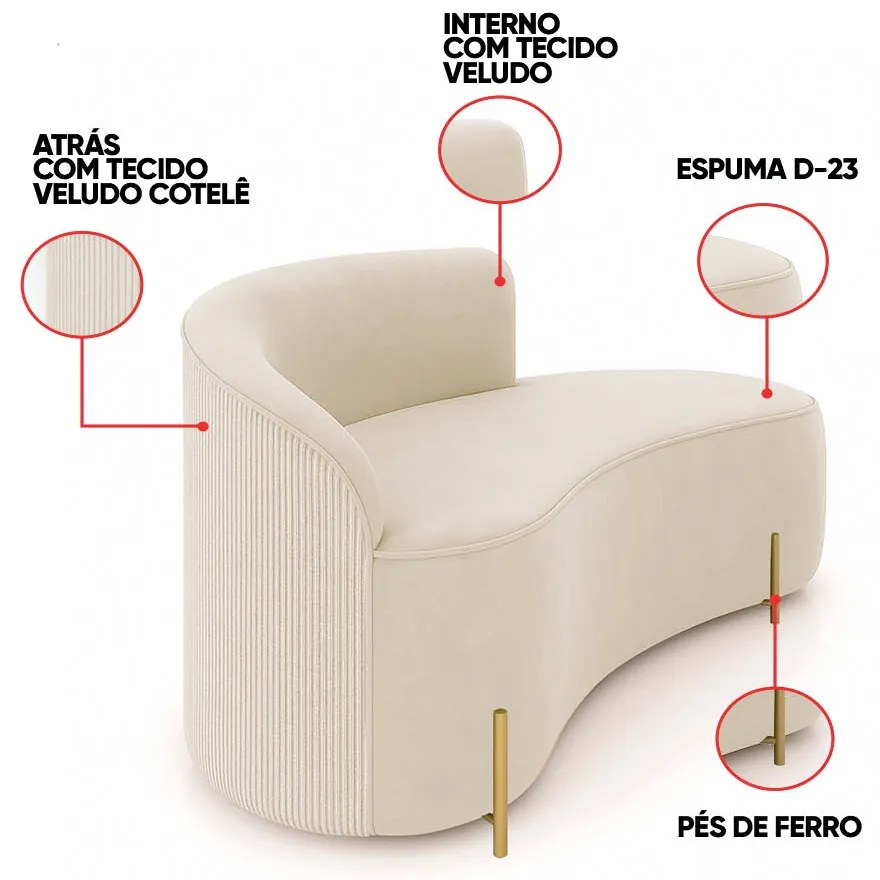 Sofá 3 Lugares Orgânico 180cm Pé Dourado Morgan Veludo/Cotelê D03 - D'Rossi - Bege