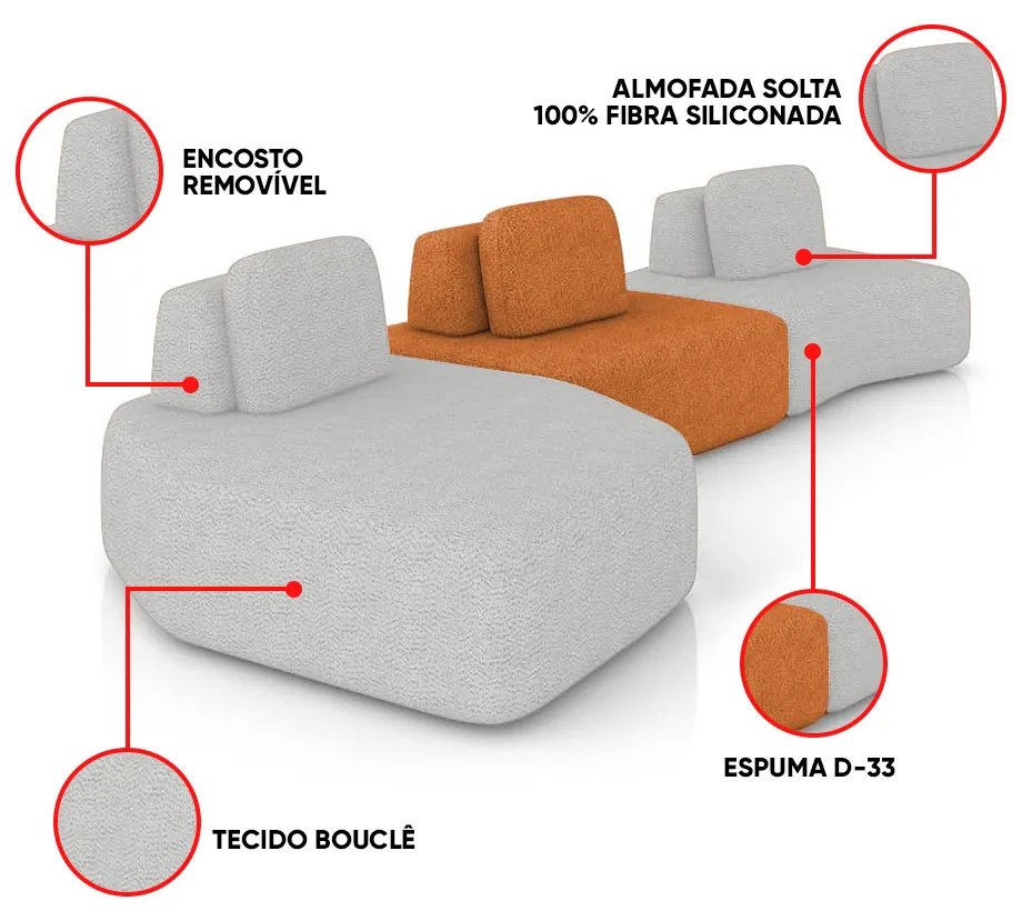 Sofá 3 Lugares Orgânico com Chaise e 2 Módulos Berlim Bouclê Cinza Claro/Caramelo K01 - D'Rossi