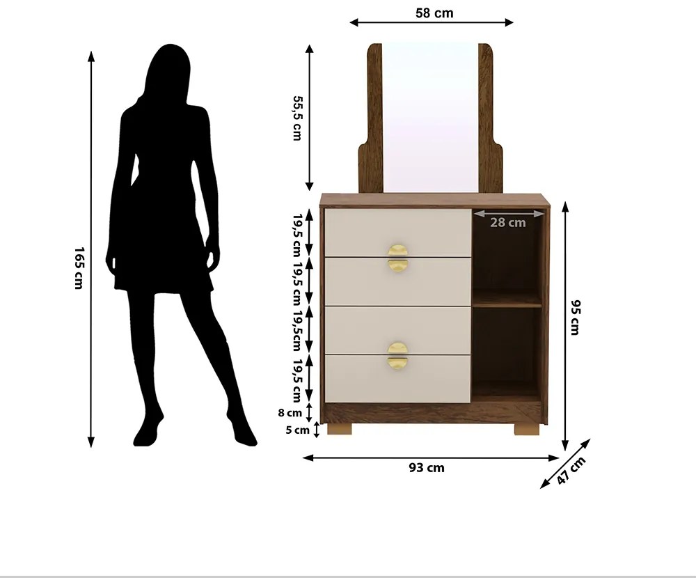 Cômoda Quarto 95cm com Espelho 1 Porta Kenia V01 - D'Rossi - Imbuia e Fendi