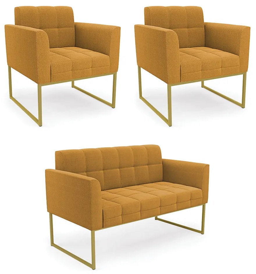 Namoradeira e 2 Poltronas Industrial Dourado Elisa Bouclê D03 - DRossi - Mostarda