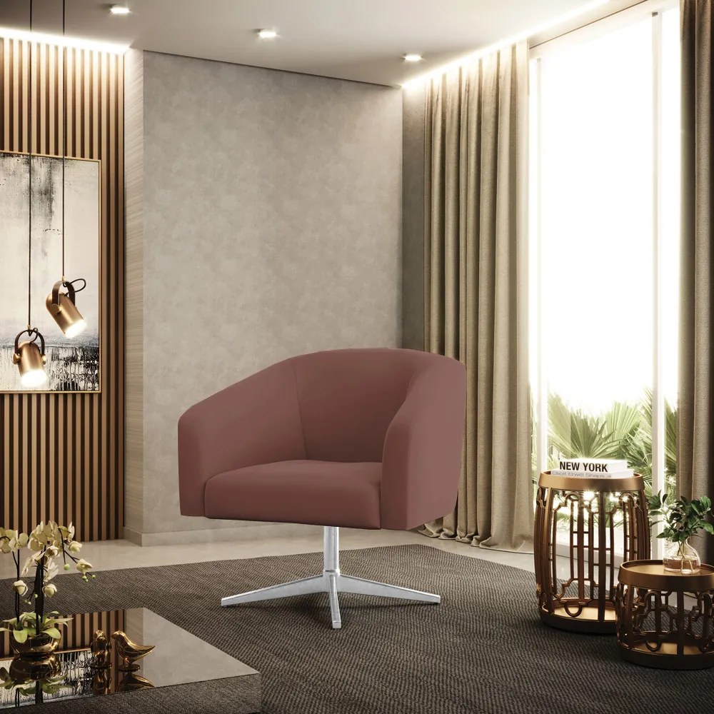 Poltrona Decorativa Giratória Cromada Stella Veludo Rosê D03 - D'Rossi