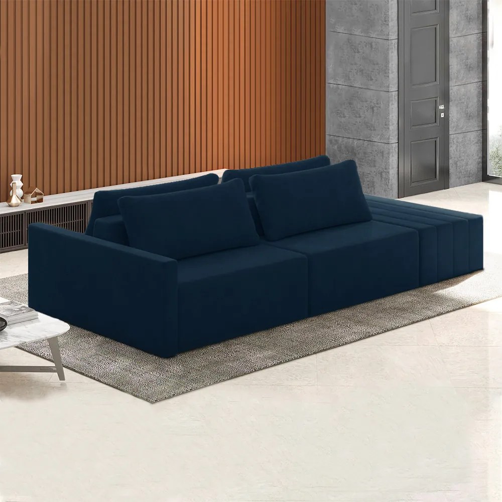 Sofá Ilha Modulado Milos 252cm Puff Lateral Veludo Azul Marinho G33 - Gran Belo