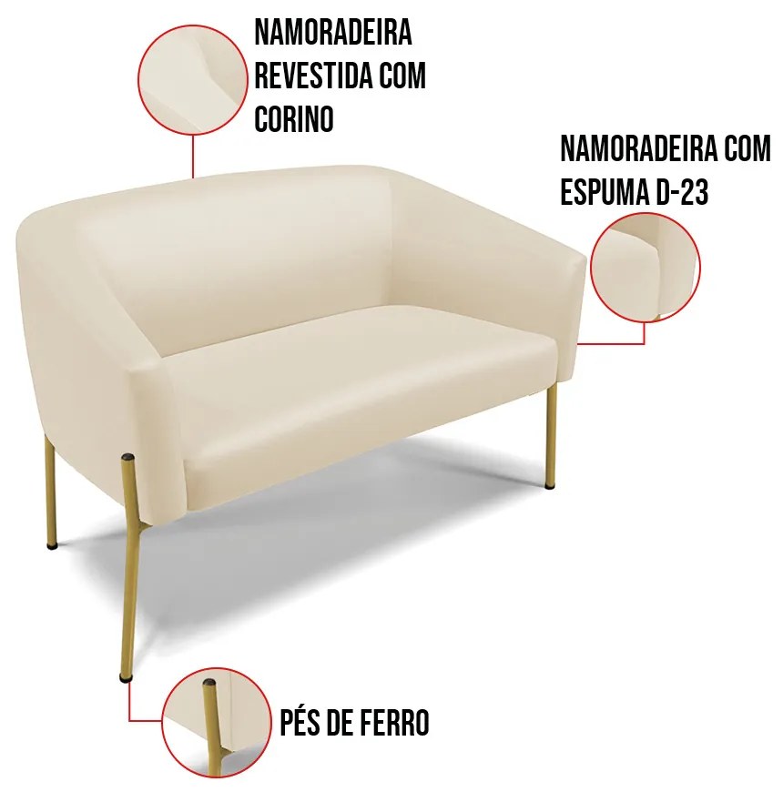 Sofá 2 Lugares Namoradeira Pé de Ferro Dourado Stella Sintético D03 - D'Rossi - Bege