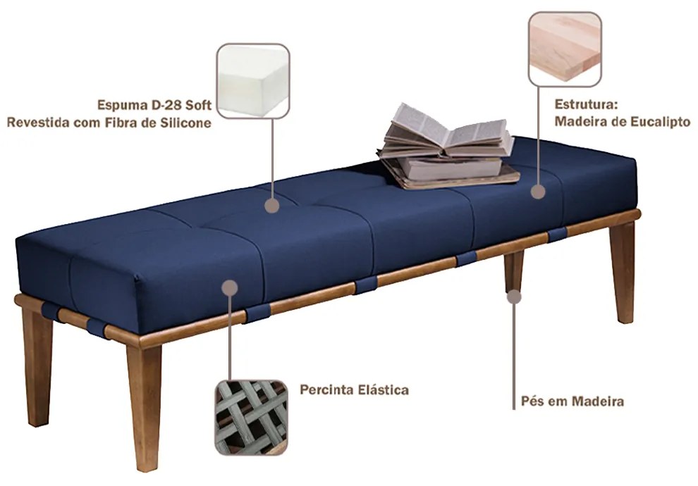 Recamier Decorativo 140cm Martínez Veludo Pés Madeira Azul/Mel G62 - Gran Belo