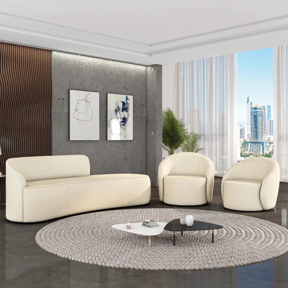 Sofá 4 Lugares Orgânico 220cm Morgan e 2 Poltronas Lua Linho Bege D03 - D'Rossi