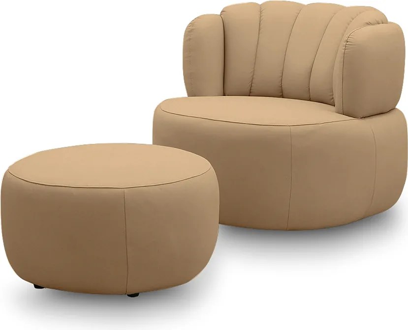 Conjunto Sala de estar Decorativo Mariele Poltrona Base Giratória em Aço com Puff Couro Nude G88 - Gran Belo