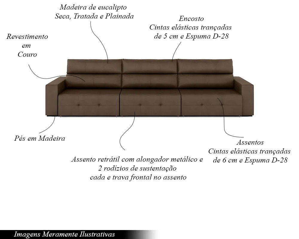 Sofá Retrátil 4 Lugares 284cm 3 Módulos Nero Couro Cappuccino G52 - Gran Belo