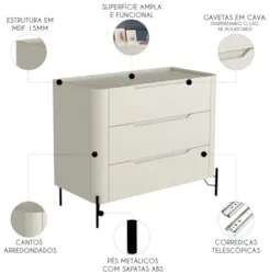 Cômoda Quarto 97cm Solteiro 3 Gavetas Becca Luna/Preto I06 - Mpozenato