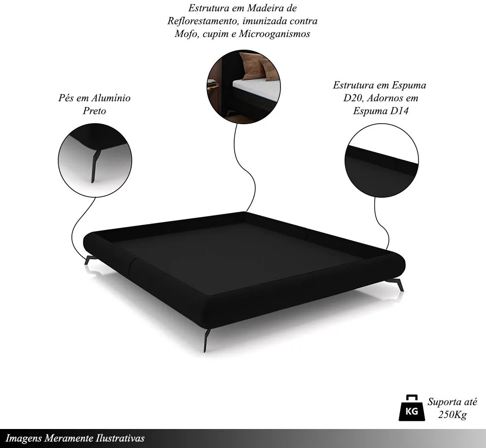Cama King Size Avulsa Bezos Madeira Imunizada Pés em Aço Revestimento Veludo Preto G91 - Gran Belo