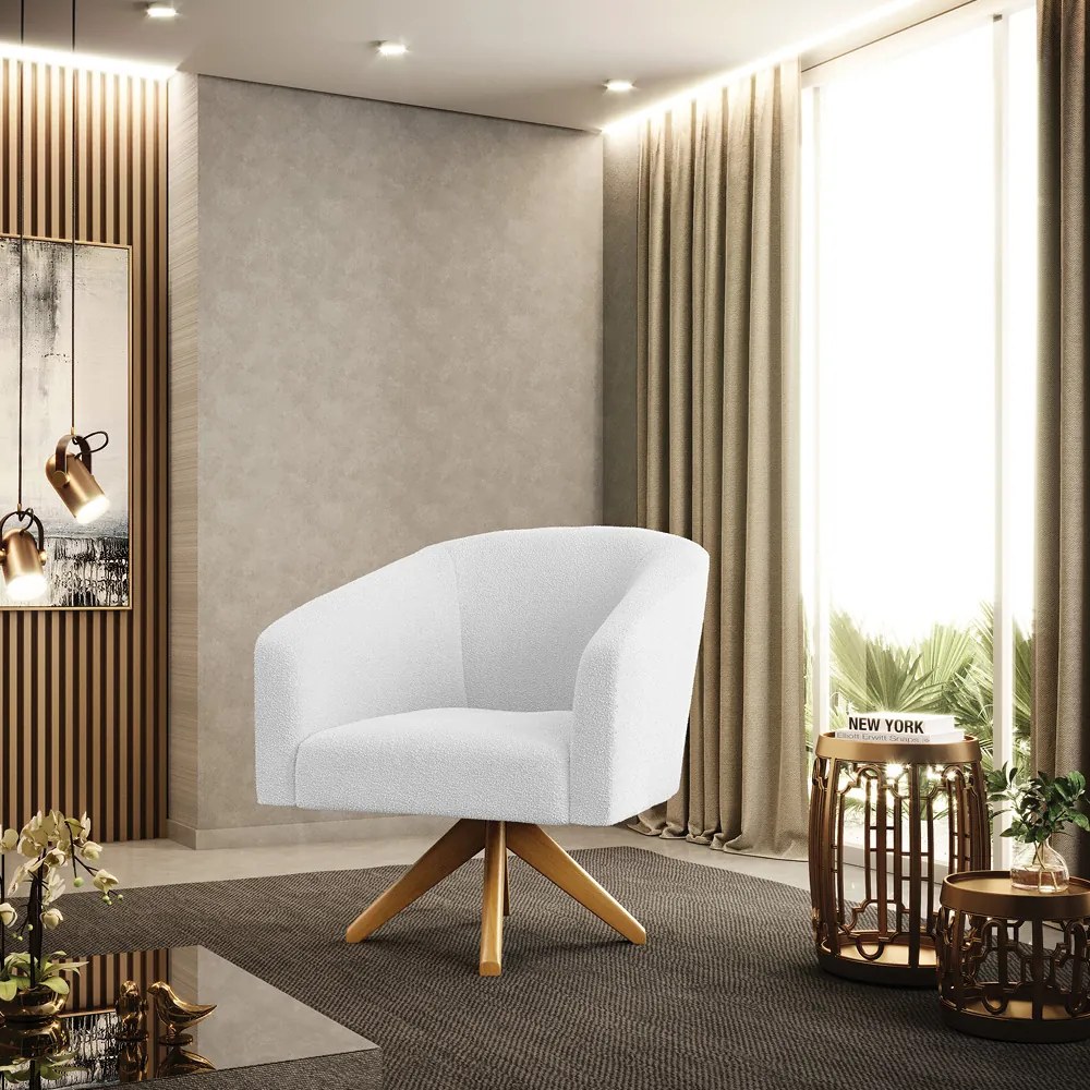 Poltrona Sala Decorativa Giratória Madeira Stella Bouclê D03 - D'Rossi - Off White