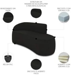 Sofá 3 Lugares Para Sala 180cm Orgânico Wendi Suede Preto I01 - Mpoze