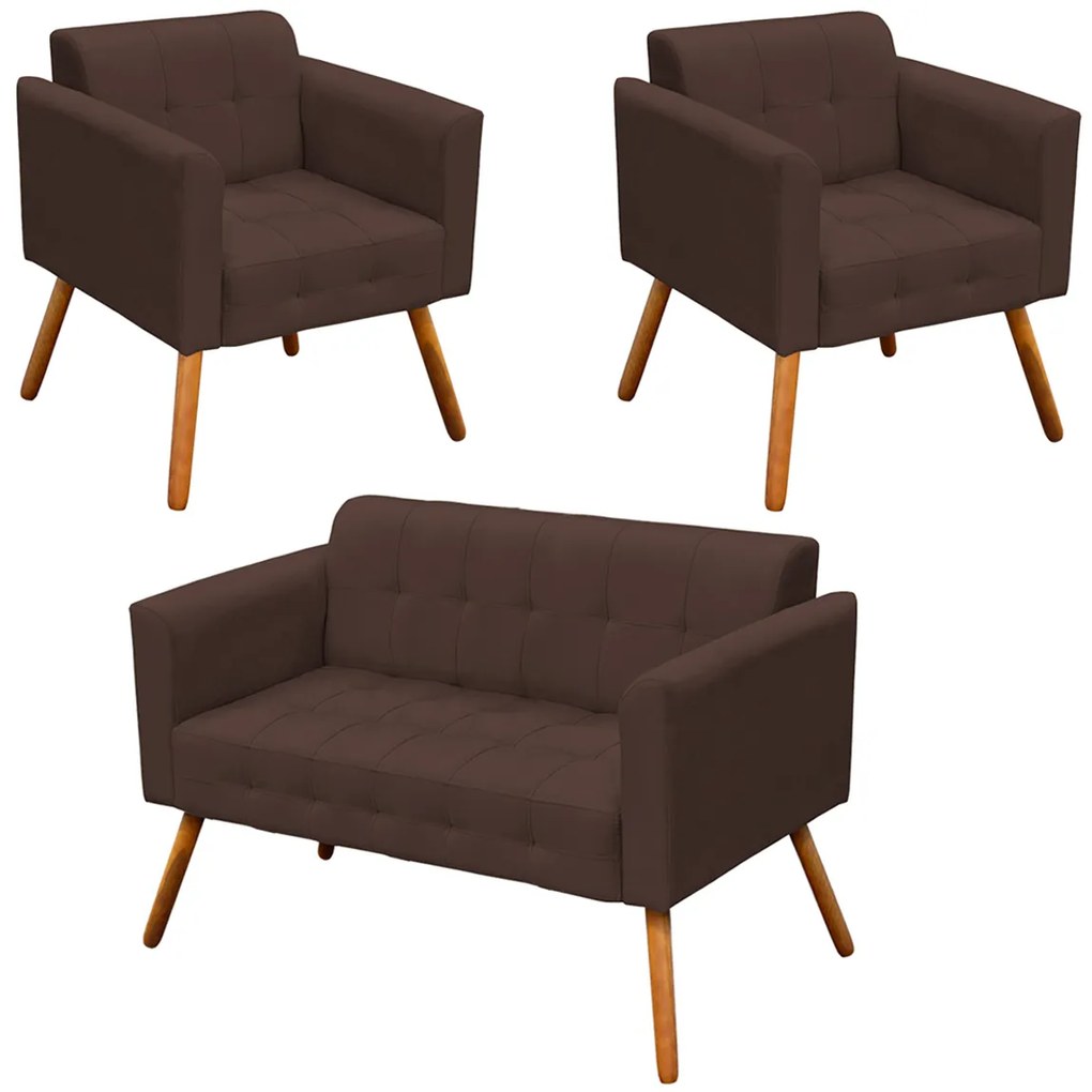 Conjunto 2 Poltronas e 1 Namoradeira Pés Palito Karen Suede Marrom G19 - Gran Belo