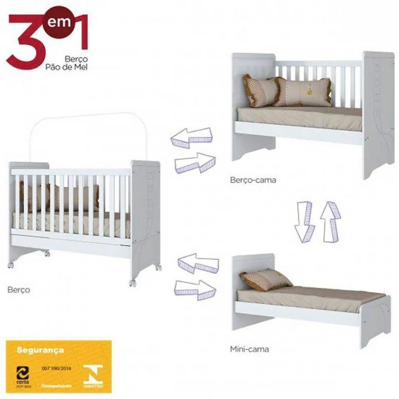 Berço 3 Em 1 Vira Mini Cama Mosquiteiro Rodinhas Em Mdf Pão de Mel
