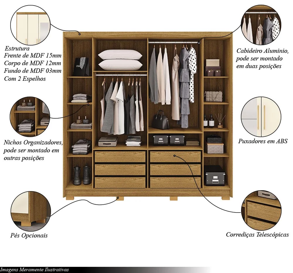 Guarda Roupa Casal Madesa 6 Portas 2 com Espelhos Bater 6 Gavetas com Cabideiros MDF Nature/OffWhite G98 Gran Belo