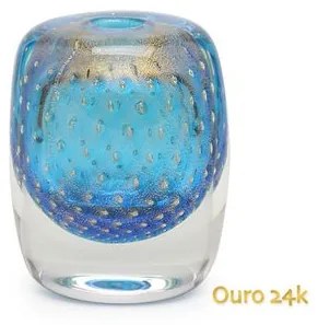Vasinho Quadrado 3 Tela Água-marinha com Ouro Murano Cristais Cadoro