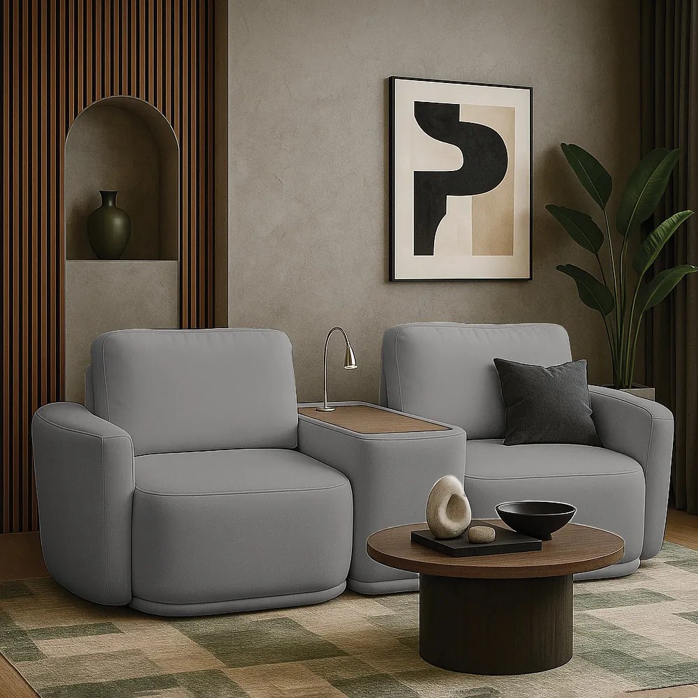 Sofá Sala Modulado 271cm com Console USB Luminária Brumma Bouclê K01 - D'Rossi - Cinza